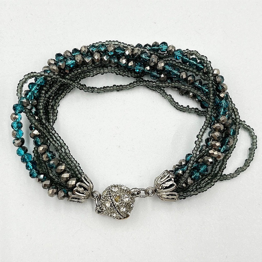 VTG Boho Multi-Strand Teal & Hematite Glass Seed Bead‎ Bracelet Rhinestone Clasp